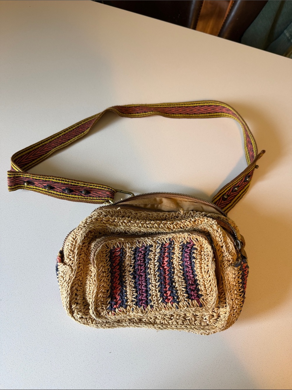 Free People Natural Woven Crossbody Belt Bag with Pink and Blue Accents